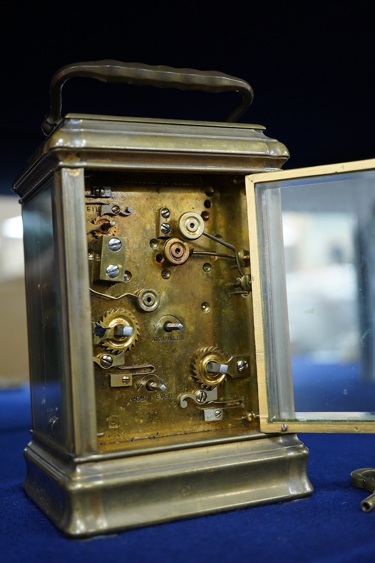 An early 20th century A. Margaine brass gorge-cased Grande Sonnerie carriage clock with alarm and repeat, by with key, 18cm high